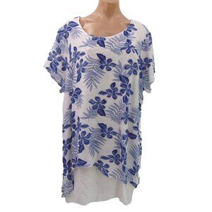 Serengeti White Blue Layered Look Swing Top 1X Floral Tropical Lagenlook